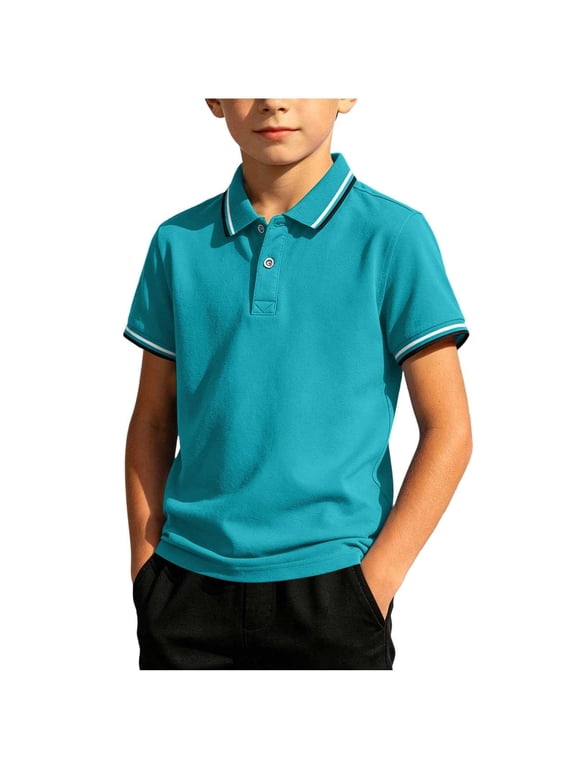 Boys Cotton School Uniform Polo Shirt- Breathable Short Sleeve Regular Fit Summer Knit Polo Blue Size 7-8 Y