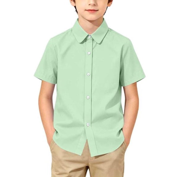 TKKCS Boys Cotton Short Sleeve Button Down Shirt- Summer Daily Wear Breathable School Uniform Turndown Collar Shirts Green Size 9-10Y