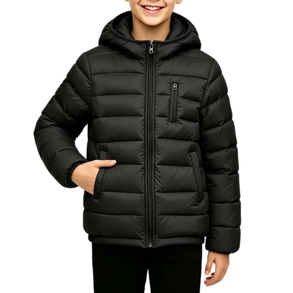TKKCS Boys Hooded Puffer Jacket Lightweight Zip Up Windproof Soft Warm Winter Coat with Pockets Black 11-12 Years