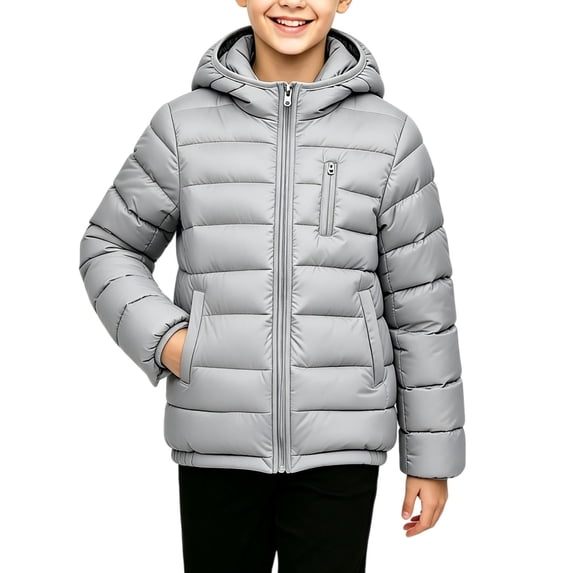 TKKCS Boys Hooded Puffer Jacket Lightweight Zip Up Windproof Soft Warm Winter Coat with Pockets Gray 14-15 Years