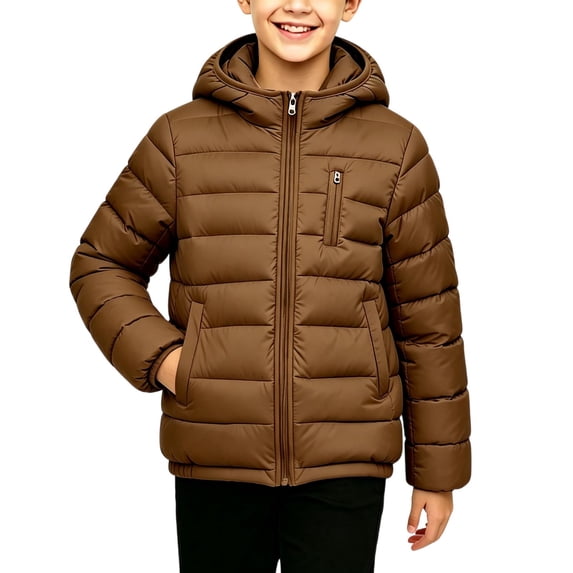 TKKCS Boys Hooded Puffer Jacket Windproof Soft Warm Lightweight Zip Up Winter Coat with Pockets Coffee 16-17 Years