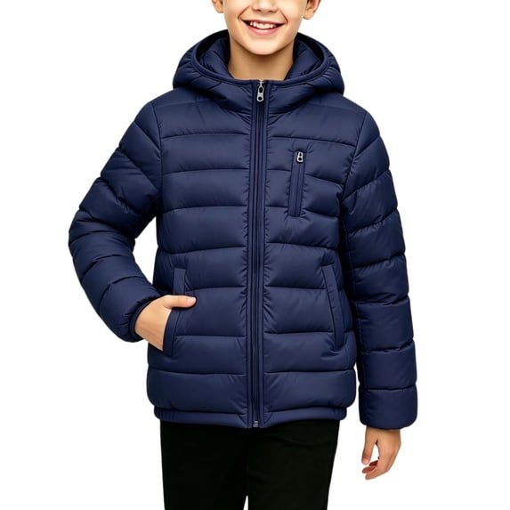 TKKCS Boys Hooded Puffer Jacket Windproof Soft Warm Lightweight Zip Up Winter Coat with Pockets Navy 9-10Years