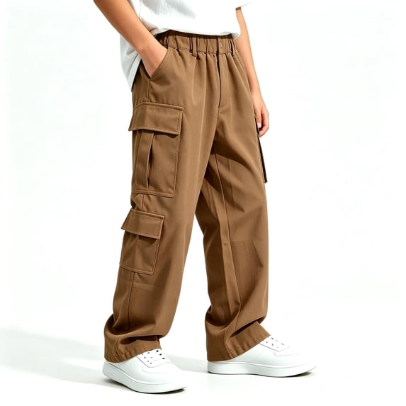 TKKCS Boys Wide Leg Cargo Pants Casual Multi Pockets Relaxed Fit Elastic Waist Twill Pants for School Outdoor Brown 10-11Years