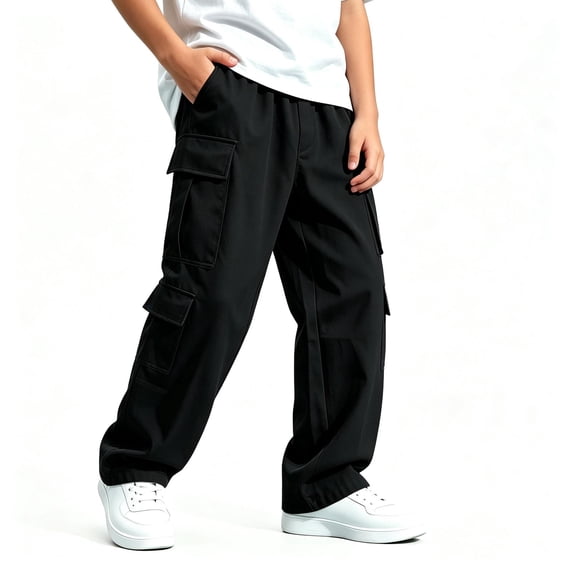 TKKCS Boys Wide Leg Cargo Pants Elastic Waist Relaxed Fit Multi Pockets Casual Twill Pants for School Outdoor Black 5-6 Years