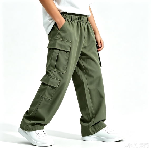 TKKCS Boys Wide Leg Cargo Pants Relaxed Fit Multi Pockets Casual Elastic Waist Twill Pants for School Outdoor Army Green 14-15Years
