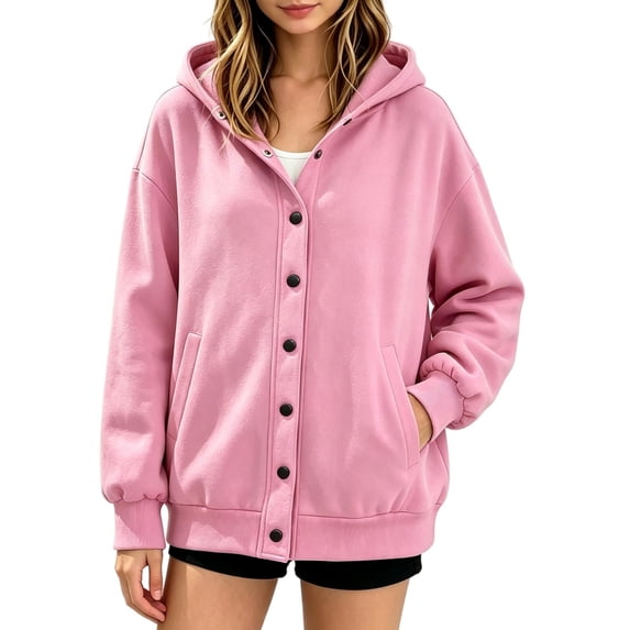 TKKCS Girls Snap Button Hoodie Jacket Loose Fit Fall Trendy Casual Long Sleeve Hooded Outerwear with Pockets Pink 13-14 Years