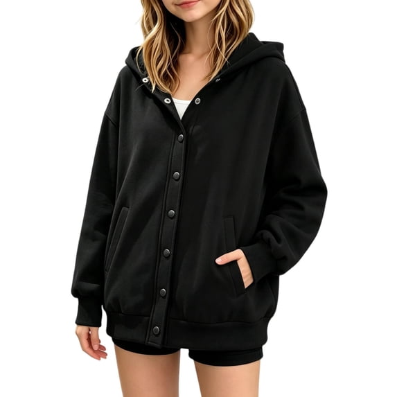 TKKCS Girls Snap Button Hoodie Jacket Trendy Casual Fall Loose Fit Long Sleeve Hooded Outerwear with Pockets Black 9-10 Years