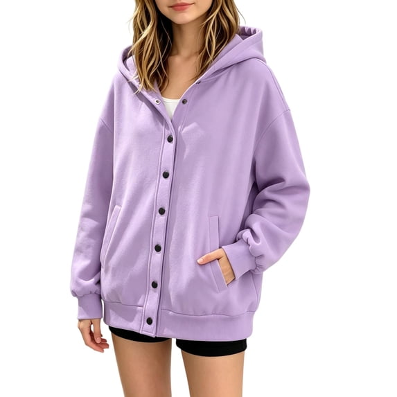 TKKCS Girls Snap Button Hoodie Jacket Trendy Casual Fall Loose Fit Long Sleeve Hooded Outerwear with Pockets Purple 9-10 Years