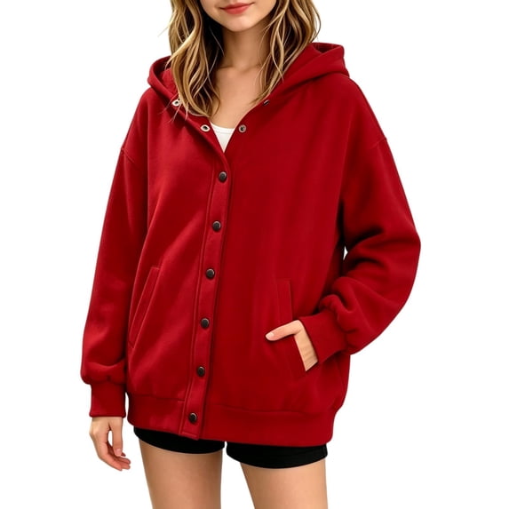 TKKCS Girls Snap Button Hoodie Jacket Trendy Casual Fall Loose Fit Long Sleeve Hooded Outerwear with Pockets Red 9-10 Years