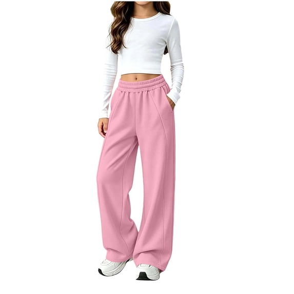 TKKCS Girls Wide Leg Fleece Sweatpants Loose Fit Open Bottom Loungewear Elastic Waist Casual Trousers Pink 14-15Years