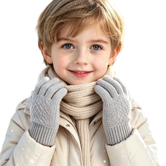 TKKCS Kids Knit Gloves Warm Elastic Ribbed Cuff Soft Stretchy Full Fingers Winter Gloves for Boys Girls Gray 3-8Years