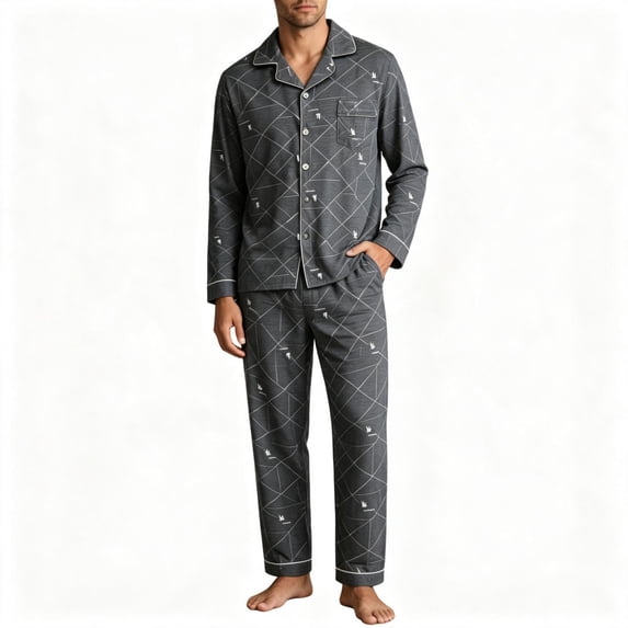 TKKCS Mens 100% Cotton Long Sleeve Pajama Set Button Down Notch Collar Soft Loose Fit Sleep Loungewear with Pockets Black 3XL