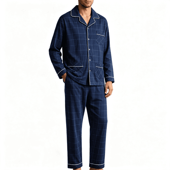 TKKCS Mens 100% Cotton Long Sleeve Pajama Set Loose Fit Soft Notch Collar Button Down Sleep Loungewear with Pockets Dark Blue XL
