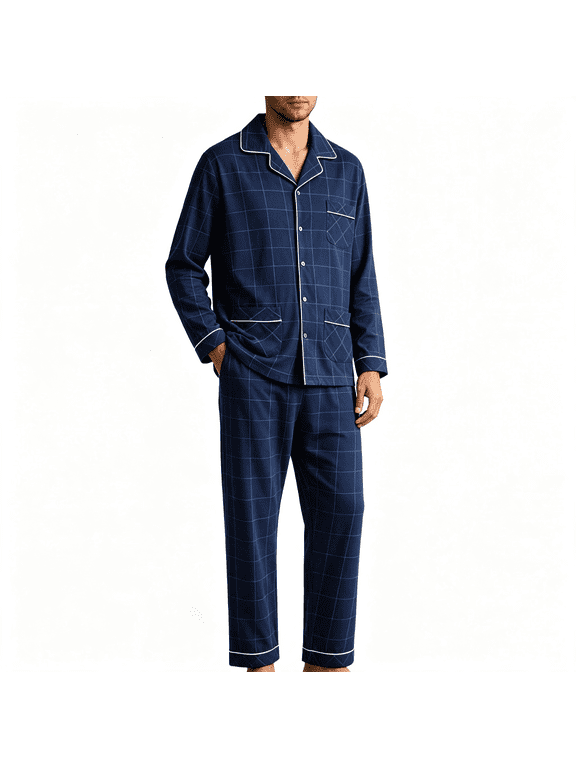 Mens 100% Cotton Long Sleeve Pajama Set Loose Fit Soft Notch Collar Button Down Sleep Loungewear with Pockets Dark Blue XL