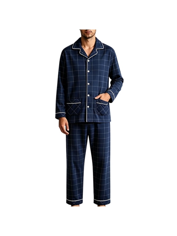 Mens 100% Cotton Long Sleeve Pajama Set Notch Collar Soft Button Down Loose Fit Sleep Loungewear with Pockets Dark Blue L