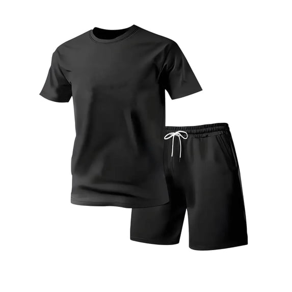 TKKCS Mens 2 Piece Activewear Sets- Short Sleeve Crew Neck T-Shirt and Drawstring Shorts Pullover Summer Casual Lightweight Tracksuits Outfits Black Size 2XL