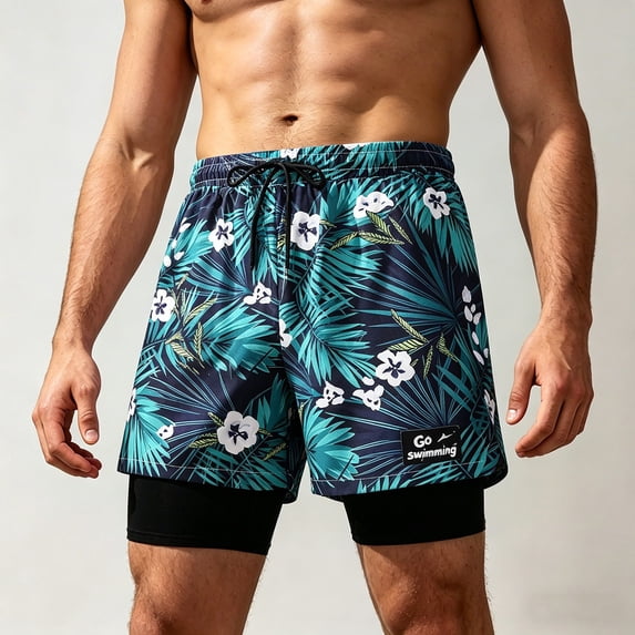 TKKCS Mens 2-in-1 Swim Trunks with Compression Liner- Summer Vacation Stretch Quick Dry Hawaiian Print Swimsuit Beach Board Shorts with Drawstring Green Size L