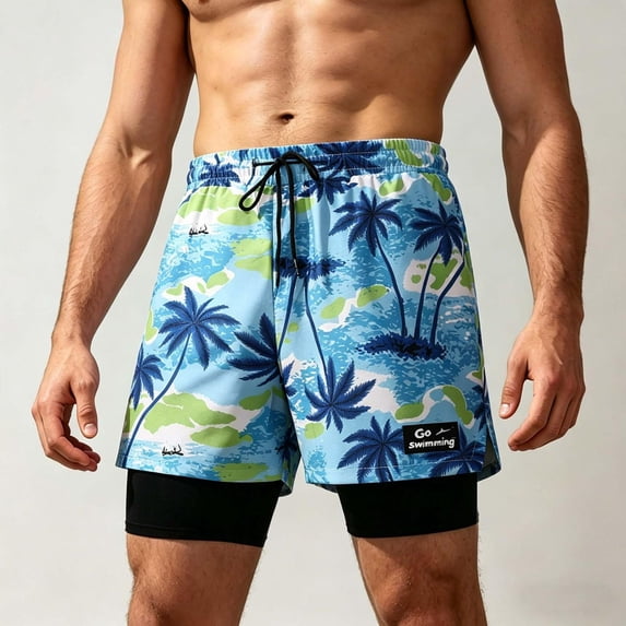 TKKCS Mens 2-in-1 Swim Trunks with Compression Liner- Summer Vacation Swimsuit Stretch Hawaiian Print Quick Dry Beach Board Shorts with Drawstring Blue Size 3XL