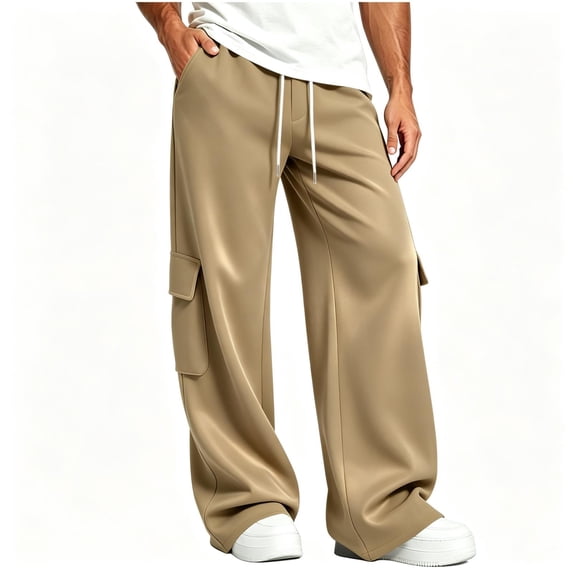 TKKCS Mens Baggy Cargo Sweatpants Elastic Drawstring Waist Loose Fit Open Bottom Casual Straight Pants with Multi Pockets Khaki L