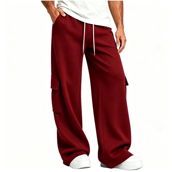 TKKCS Mens Baggy Cargo Sweatpants Elastic Drawstring Waist Loose Fit Open Bottom Casual Straight Pants with Multi Pockets Wine L