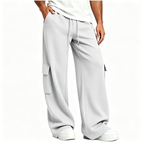 TKKCS Mens Baggy Cargo Sweatpants Loose Fit Open Bottom Casual Elastic Drawstring Waist Straight Pants with Multi Pockets White XL