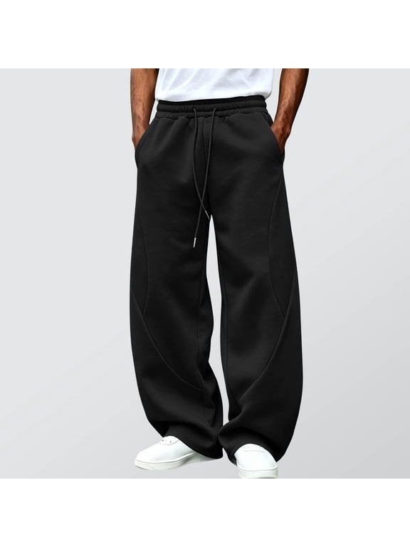 Mens Baggy Sweatpants- Elastic Drawstring Waist Wide Leg Lounge Casual Open Bottom Sweat Pants Black Size XL