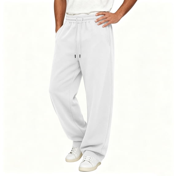 TKKCS Mens Baggy Wide Leg Sweatpants Curved Blade Loose Fit Casual Lounge Drawstring Elastic Waist Sweat Pants With Pockets White XL