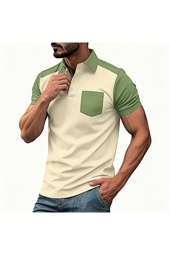 Mens Breathable Polo Shirts- Short Sleeve Color Block Collared Casual Regular Fit Lightweight Polos With Chest Pocket Green Size XL