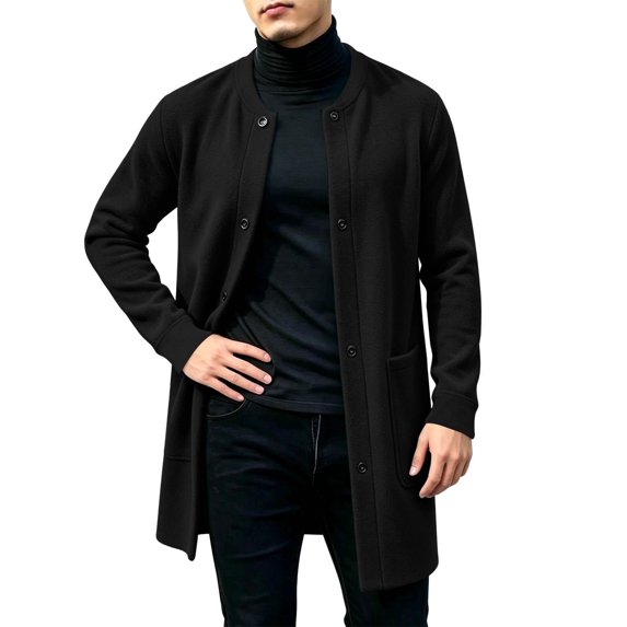 TKKCS Mens Button Down Cardigan Jacket Long Sleeve Crew Neck Mid‑Length Fall Winter Casual Outerwear with Pockets Black L