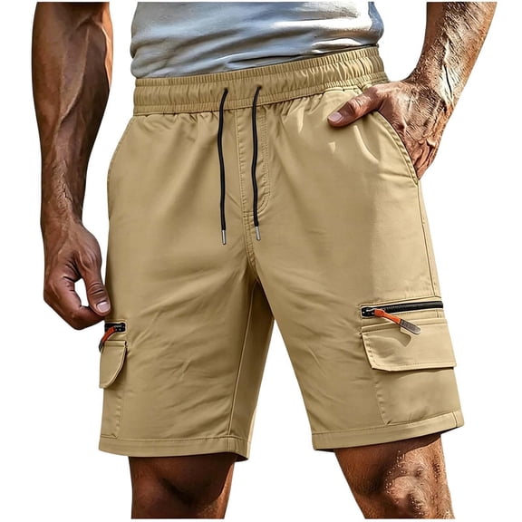 TKKCS Mens Canvas Cargo Shorts- Casual Outdoor Relaxed Fit Elastic Drawstring Waist Flat Front Hiking Shorts With Zipper Pockets Khaki Size 4XL