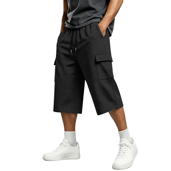 TKKCS Mens Capri Cargo Shorts- Casual Lightweight Loose Fit Straight Leg Elastic Waist Drawstring Outdoor Hiking Long Shorts with Multi Pockets Black Size XL