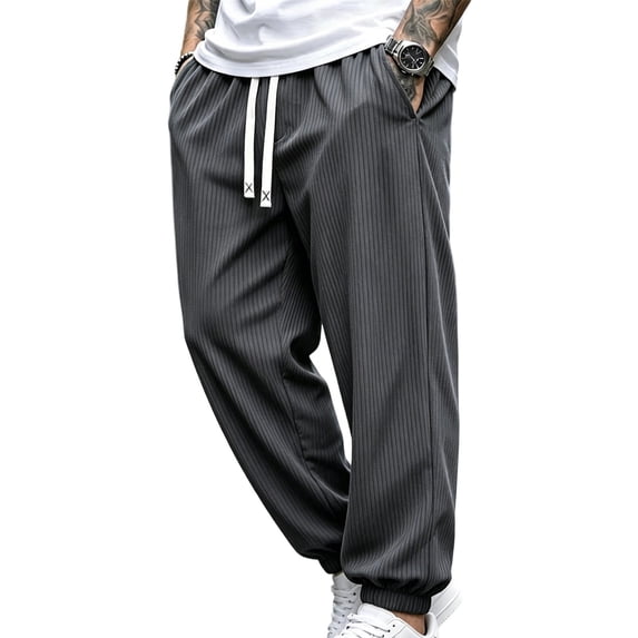 TKKCS Mens Casual Ribbed Jogger Pants- Cuffed Regular Fit Elastic Waist Drawstring Stretch Daily Wear Sweatpants with Pockets Gray Size L