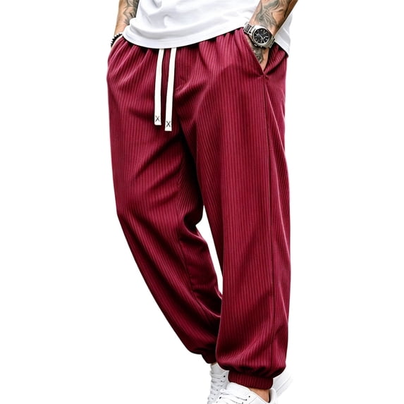 TKKCS Mens Casual Ribbed Jogger Pants- Stretch Regular Fit Elastic Waist Drawstring Cuffed Daily Wear Sweatpants with Pockets Wine Size XL