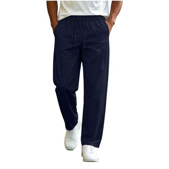 TKKCS Mens Casual Straight Leg Pants- Daily Wear Loose Fit Lightweight Elastic Drawstring Waist Full Length Pants Dark Blue Size XL