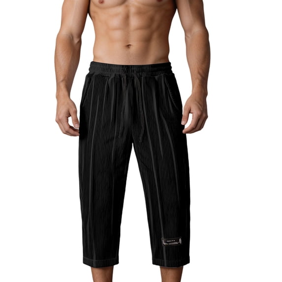 TKKCS Mens Casual Textured Capri Pants- Summer Drawstring Elastic Waist Loose Fit Capris With Pockets Black Size L