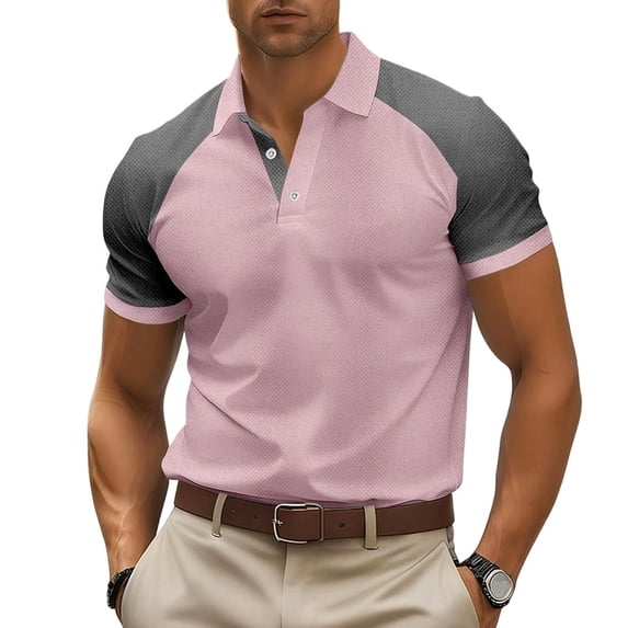 TKKCS Mens Color Block Polo Shirt- Turndown Collar Casual Summer Lightweight Breathable Raglan Sleeve Short Sleeve Polos Pink Size S