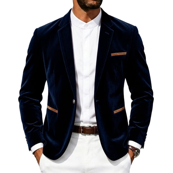 TKKCS Mens Corduroy Blazer Lapel Casual Formal Long Sleeve Single Button Suit Jacket with Pockets Navy 3XL