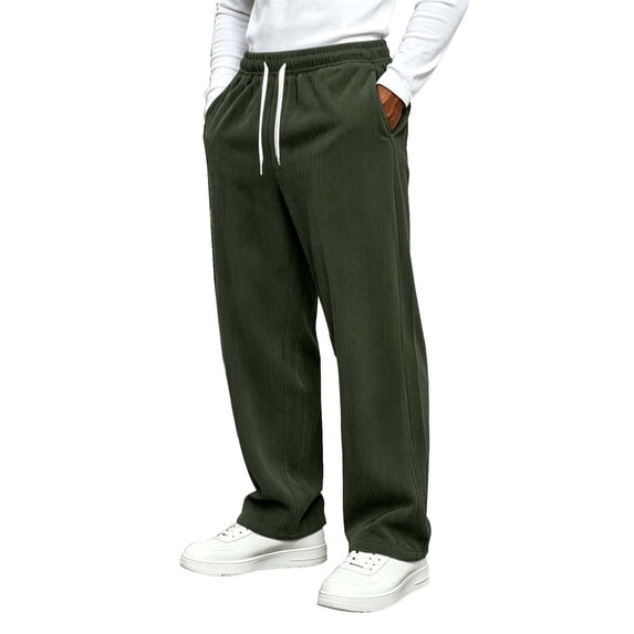 TKKCS Mens Corduroy Casual Pants- Wide Leg Loose Fit Elastic Drawstring Waist Baggy Straight Pants with Pockets Army Green Size M