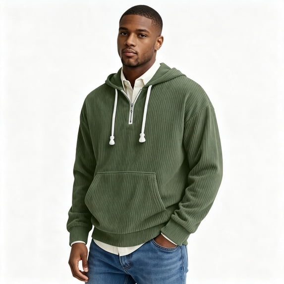 TKKCS Mens Corduroy Quarter Zip Hoodie Loose Fit Casual Long Sleeve Pullover Hooded Sweatshirt with Kangaroo Pocket Green 3XL