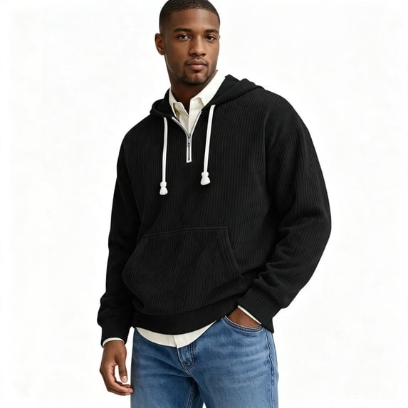 TKKCS Mens Corduroy Quarter Zip Hoodie Pullover Long Sleeve Casual Loose Fit Hooded Sweatshirt with Kangaroo Pocket Black 2XL