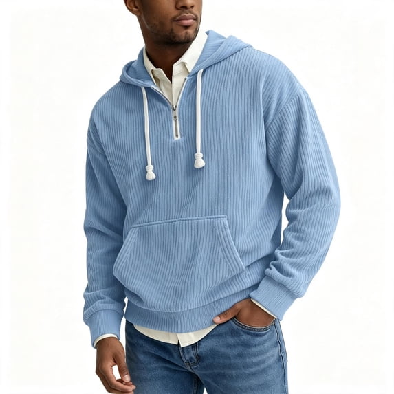 TKKCS Mens Corduroy Quarter Zip Hoodie Pullover Long Sleeve Casual Loose Fit Hooded Sweatshirt with Kangaroo Pocket Blue 2XL