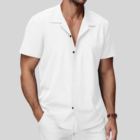 TKKCS Mens Cotton Button Down Shirts- Beach Casual Summmer Loose Fit Breathable Cuban Collar Short Sleeve Shirts White Size M
