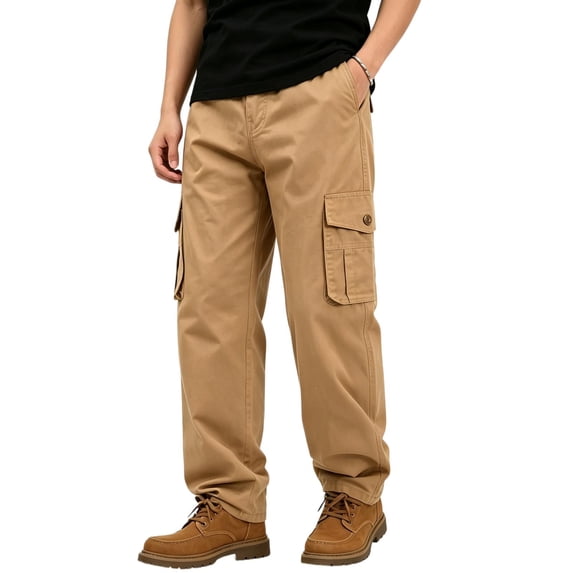TKKCS Mens Cotton Cargo Pants Elastic Waist Straight Leg Relaxed Fit Casual Outdoor Work Pants with Multi Pockets Khaki L