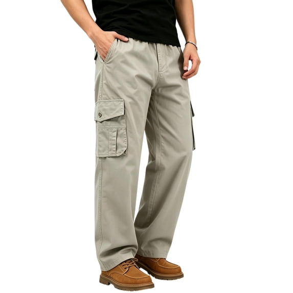 TKKCS Mens Cotton Cargo Pants Relaxed Fit Casual Outdoor Elastic Waist Straight Leg Work Pants with Multi Pockets Gray 3XL