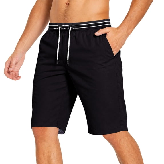 TKKCS Mens Cotton Drawstring Shorts with Pockets- Elastic Waist Summer Casual Flat Front Regular Fit Knee Length Beach Shorts Black Size M