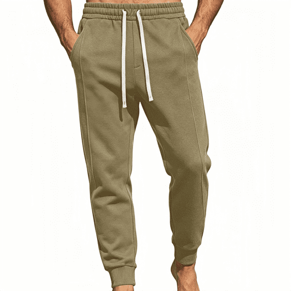 TKKCS Mens Cotton Fleece Jogger Pants- Cuffed Ankles Relaxed Fit Full Length Elastic High Waist Drawstring Sweatpants for Workout Lounge Casual Khaki Size L