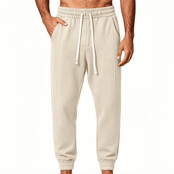 TKKCS Mens Cotton Fleece Jogger Pants- Elastic High Waist Relaxed Fit Cuffed Ankles Full Length Drawstring Sweatpants for Workout Lounge Casual Beige Size 3XL