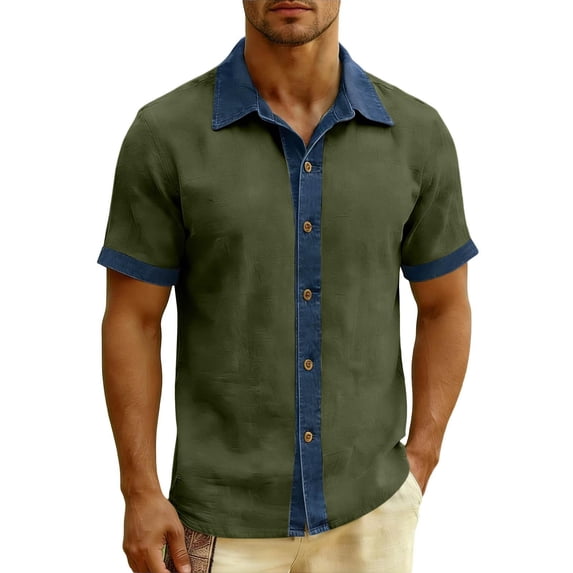 TKKCS Mens Cotton Linen Shirts- Casual Collared Short Sleeve Breathable Color Block Lightweight Button Down Shirts Army Green Size M