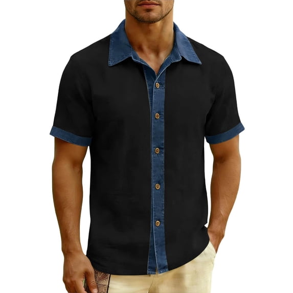TKKCS Mens Cotton Linen Shirts- Color Block Collared Casual Lightweight Short Sleeve Breathable Button Down Shirts Black Size XL