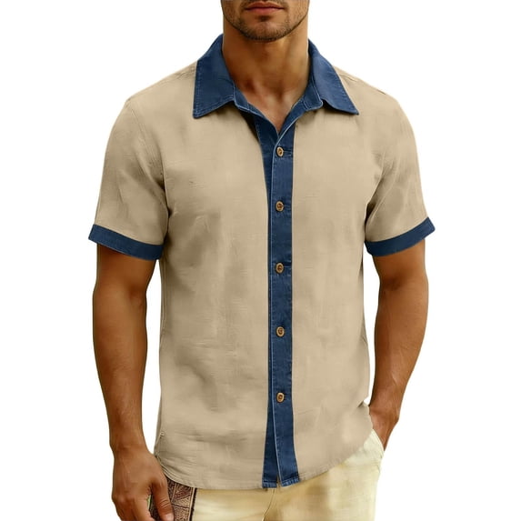 TKKCS Mens Cotton Linen Shirts- Short Sleeve Collared Casual Breathable Color Block Lightweight Button Down Shirts Khaki Size XL